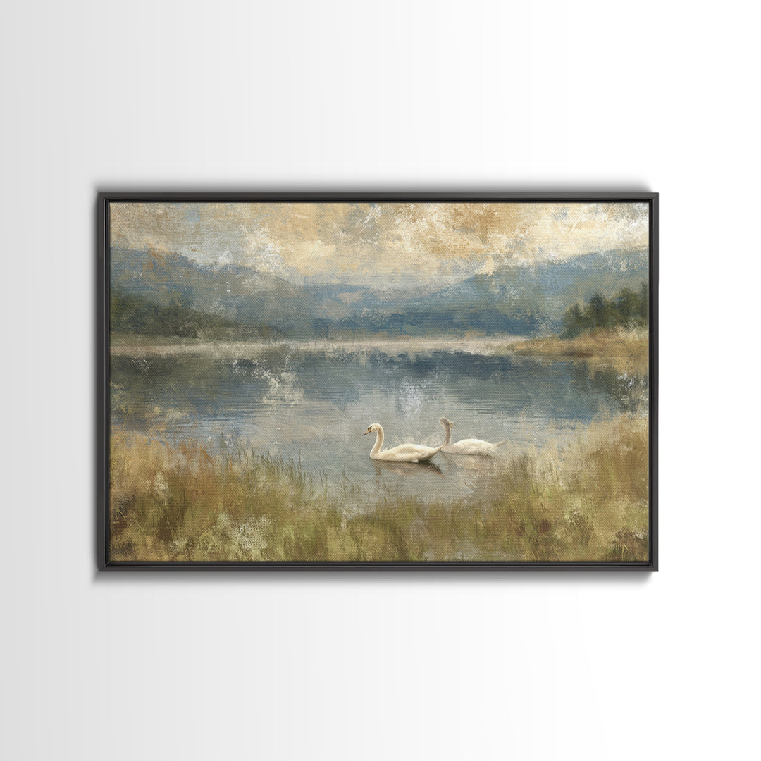 Paired Swans in a Dreamy Painterly Lake Canvas Print, Above Bed Art, Canvas Wall Art, Bedroom Decor, Watercolor Art, Serenity, ABA-3x2-26