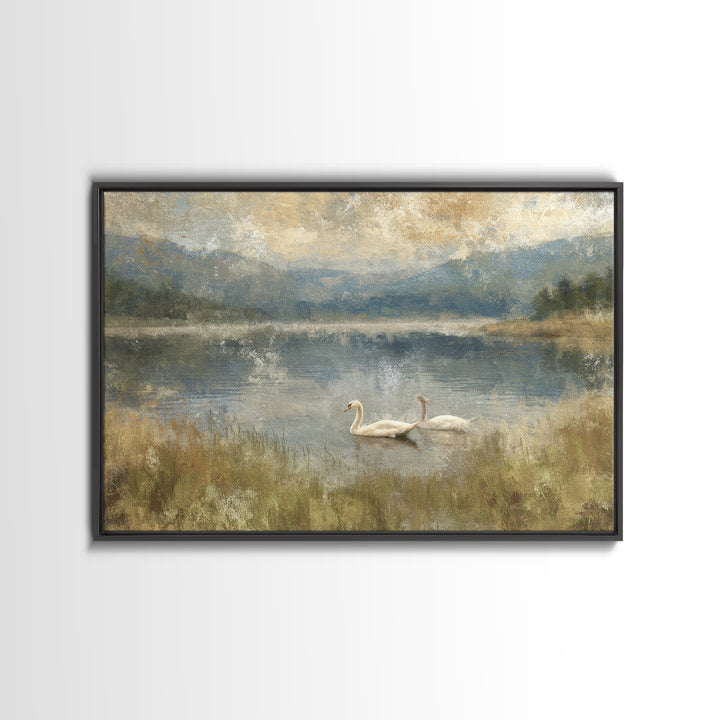 Paired Swans in a Dreamy Painterly Lake Canvas Print, Above Bed Art, Canvas Wall Art, Bedroom Decor, Watercolor Art, Serenity, ABA-3x2-26
