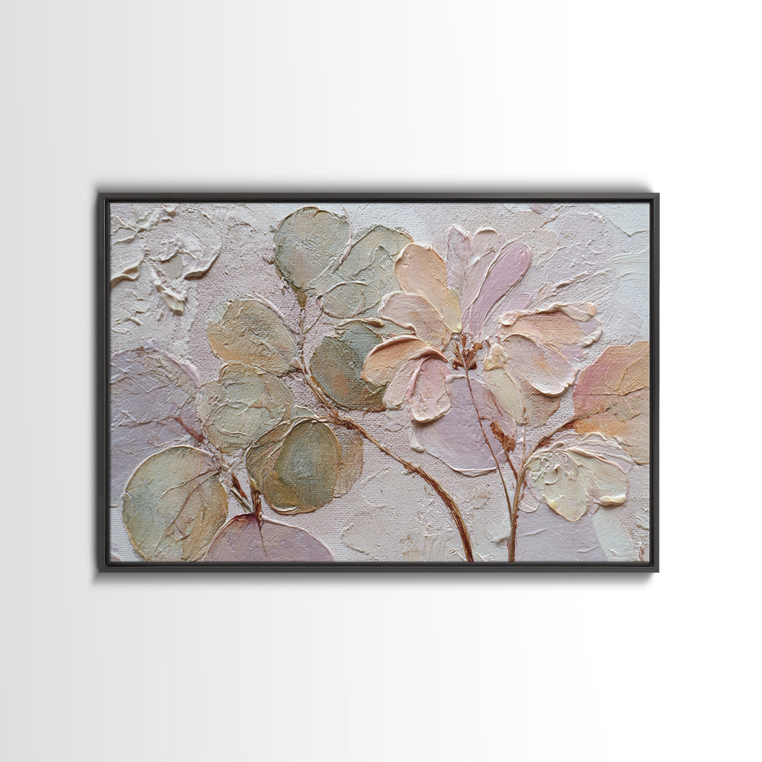 Tonal Botanical Shadows on Plaster Surface Framed Canvas Print, Above Bed Art, Dopamine Decor, Bedroom Decor, Serenity, ABA-3x2-27