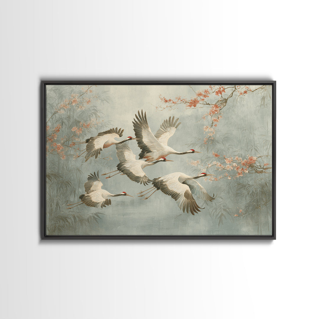 Ethereal Cranes Flying Through Pale Morning Mist Canvas Print, Above Bed Art, Sage Green Wall Art, Bedroom Decor, Oil Painting, ABA-3x2-37