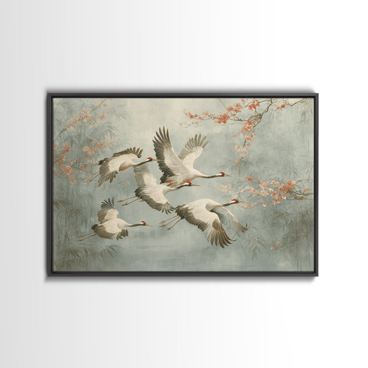Ethereal Cranes Flying Through Pale Morning Mist Canvas Print, Above Bed Art, Sage Green Wall Art, Bedroom Decor, Oil Painting, ABA-3x2-37