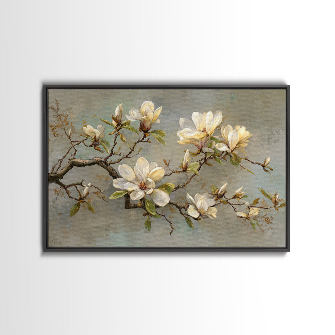 Delicate Magnolia Branch on Cream Background Canvas Print, Above Bed Art, Japanese Wall Art, Bedroom Decor, Fine Art, Serenity, ABA-3x2-44