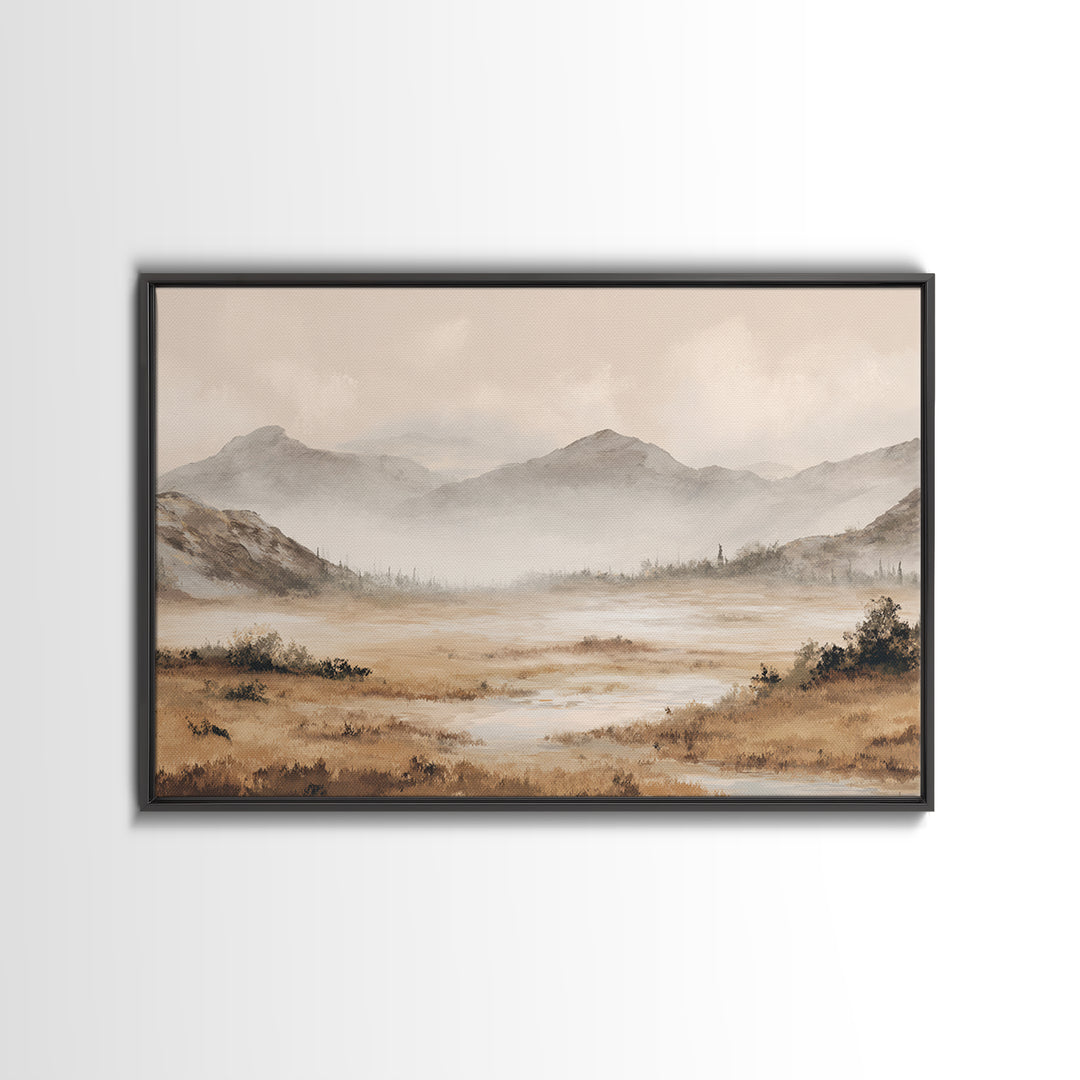 Panoramic Misty Mountain Landscape Framed Canvas Print, Above Bed Art, Dopamine Decor, Bedroom Decor, Oil Painting, Serenity, ABA-3x2-5