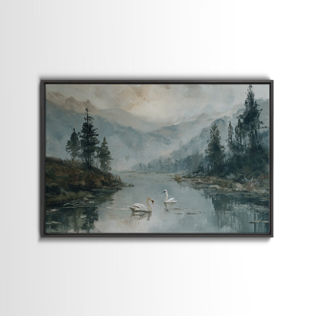Paired Swans in a Dreamy Painterly Lake Framed Canvas Print, Above Bed Art, Living Room Decor, Bedroom Decor, Serenity, ABA-3x2-50