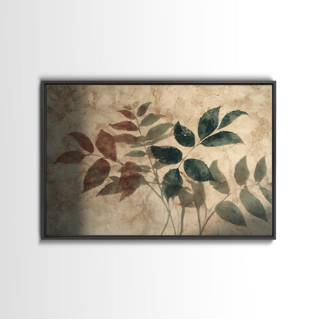 Tonal Botanical Shadows on Plaster Surface Canvas Print, Above Bed Art, Living Room Wall Art, Bedroom Decor, Oil Painting, ABA-3x2-51