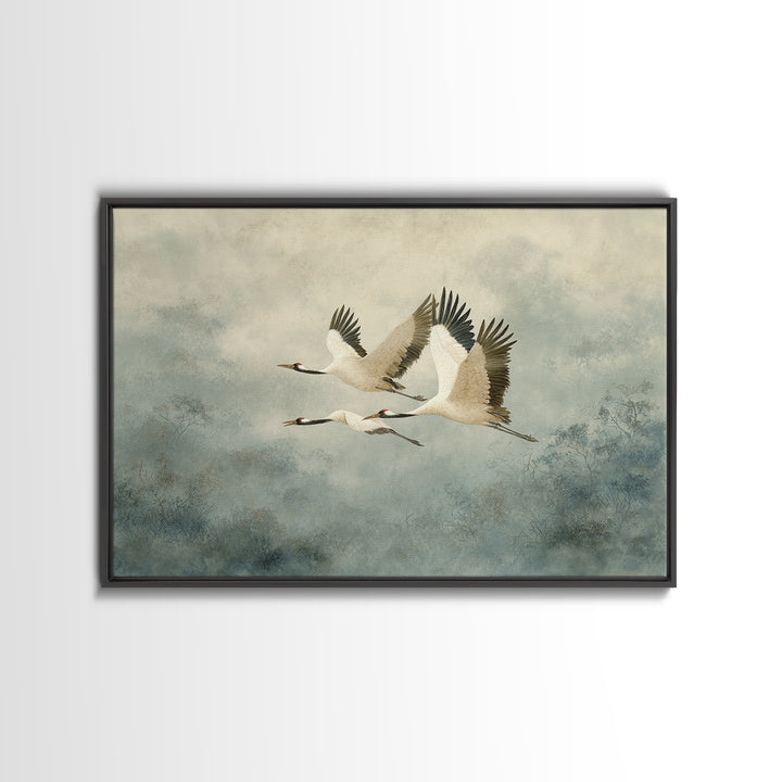 Ethereal Cranes Flying Through Pale Morning Mist Canvas Print, Above Bed Art, Sage Green Wall Art, Bedroom Decor, Oil Painting, ABA-3x2-61