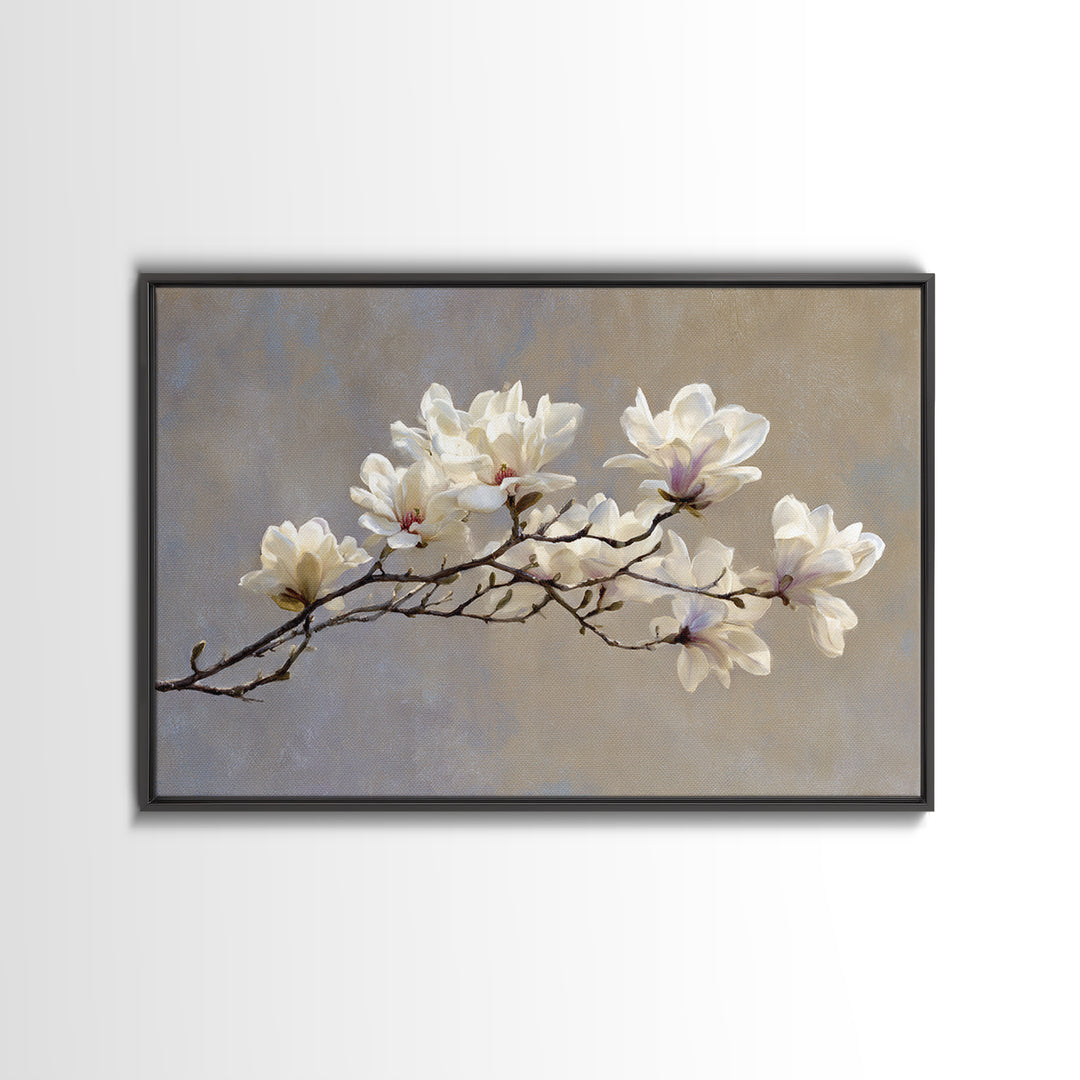Delicate Magnolia Branch on Cream Background Canvas Print, Above Bed Art, Gallery Decor, Bedroom Decor, Oil Painting, Serenity, ABA-3x2-68