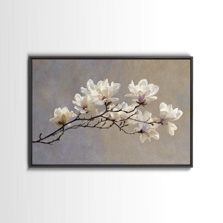 Delicate Magnolia Branch on Cream Background Canvas Print, Above Bed Art, Gallery Decor, Bedroom Decor, Oil Painting, Serenity, ABA-3x2-68