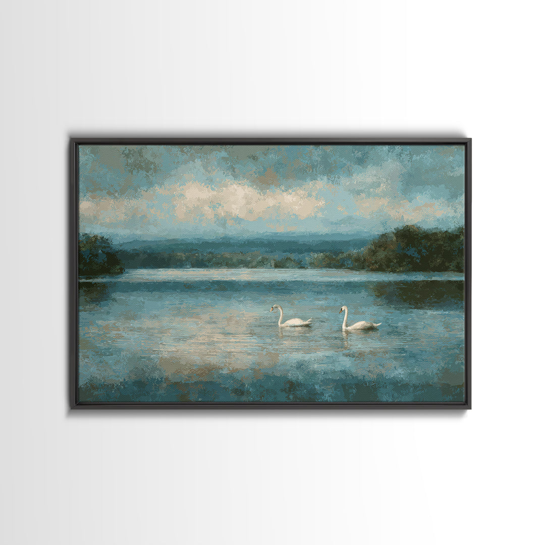 Paired Swans in a Dreamy Painterly Lake Framed Canvas Print, Above Bed Art, Living Room Decor, Bedroom Decor, Serenity, ABA-3x2-74