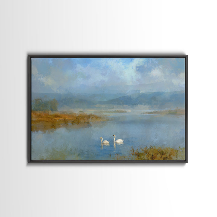 Paired Swans in a Dreamy Painterly Lake Canvas Print, Above Bed Art, Sage Green Wall Art, Bedroom Decor, Oil Painting, Serenity, ABA-3x2-98