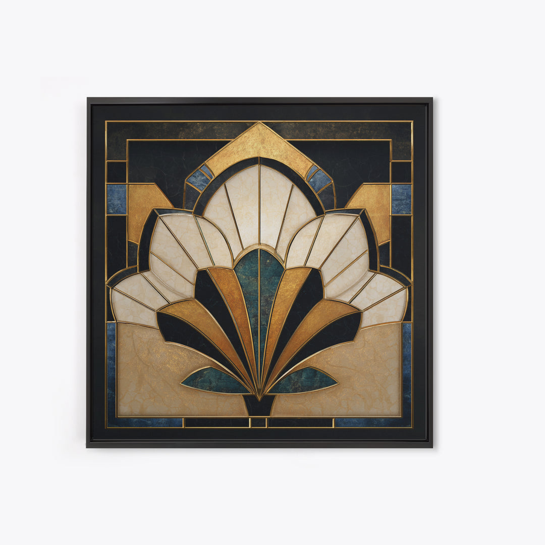 Geometric Lotus Flower Framed Canvas Print, Art Deco Art, Art, Living Room Decor, Oil Painting, Glamour, Art Nouveau, ADA-1x1-12