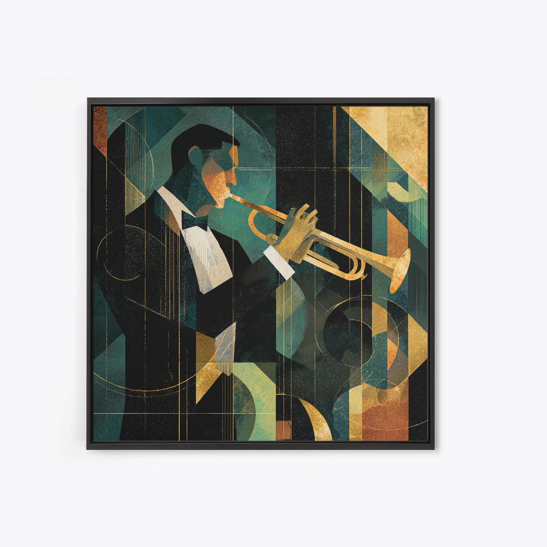 Jazz Trumpet Player Framed Canvas Print, Art Deco Art, Art Print, Living Room Decor, Oil Painting, Glamour, Printable Art, ADA-1x1-28