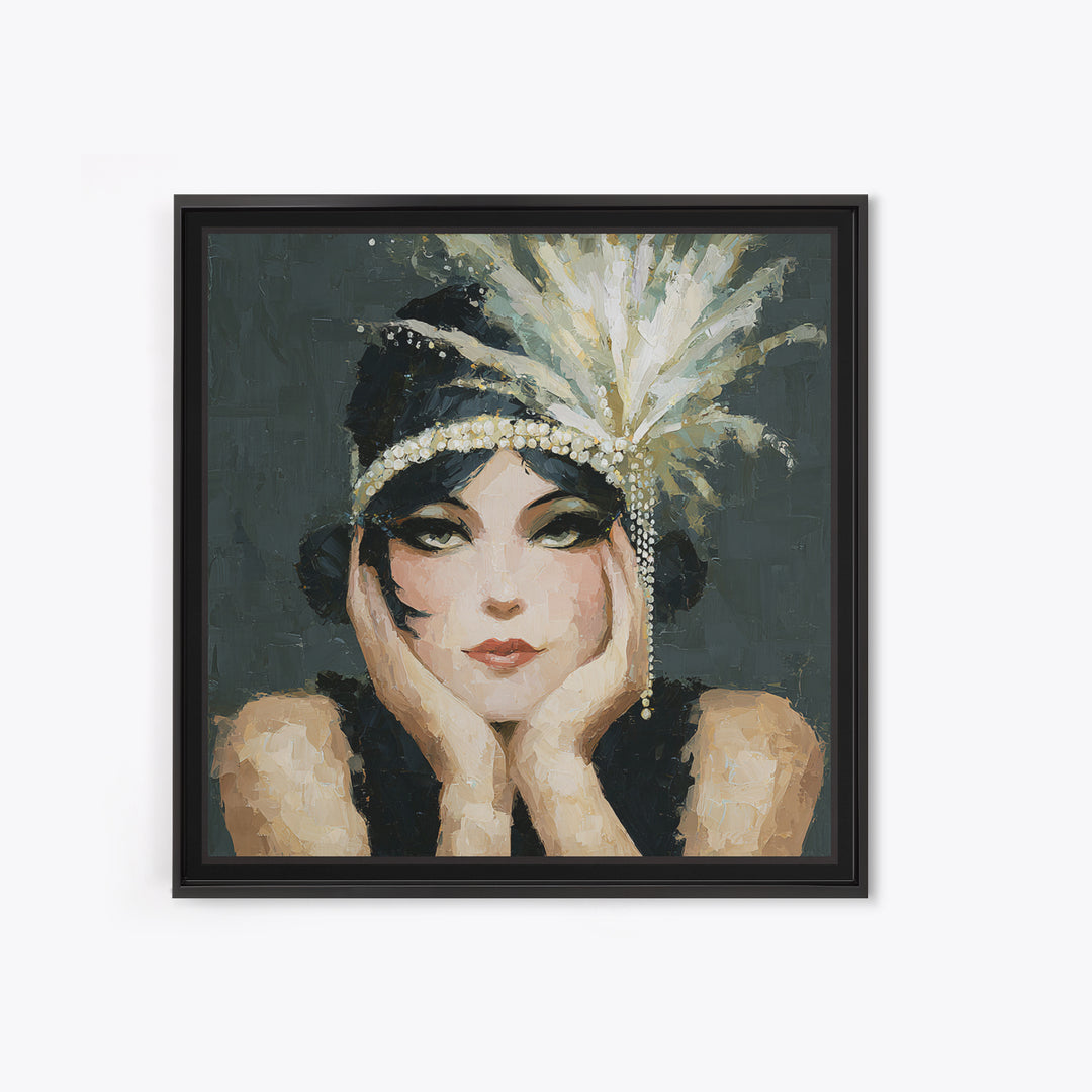 Flapper Portrait with Pearl Strands and Dramatic Framed Canvas Print, Art Deco Art, Gallery Decor, Living Room Decor, Glamour, ADA-1x1-38