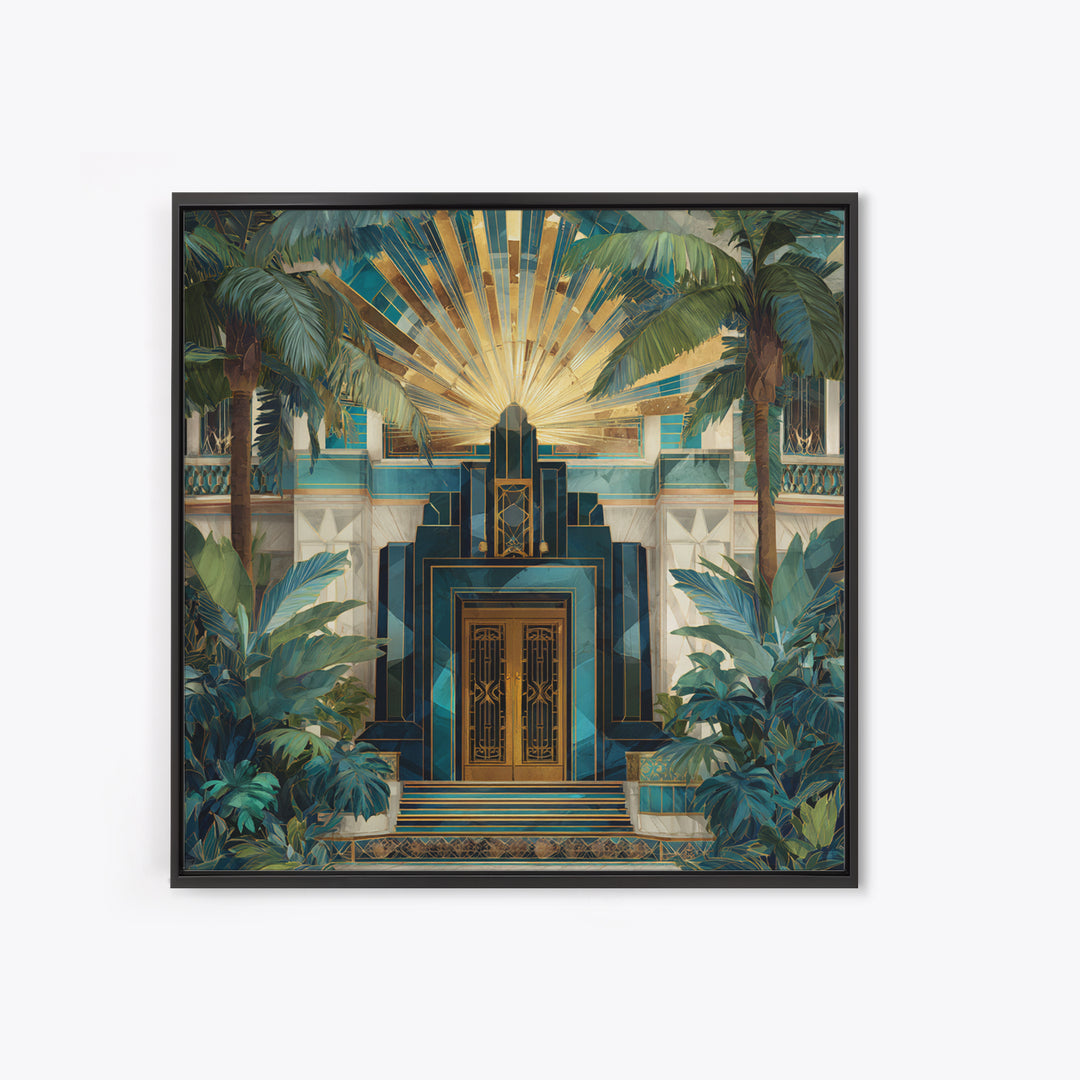Tropical Hotel Facade Framed Canvas Print, Art Deco Art, Room Decor, Living Room Decor, Fine Art, Glamour, Digital Art, ADA-1x1-40