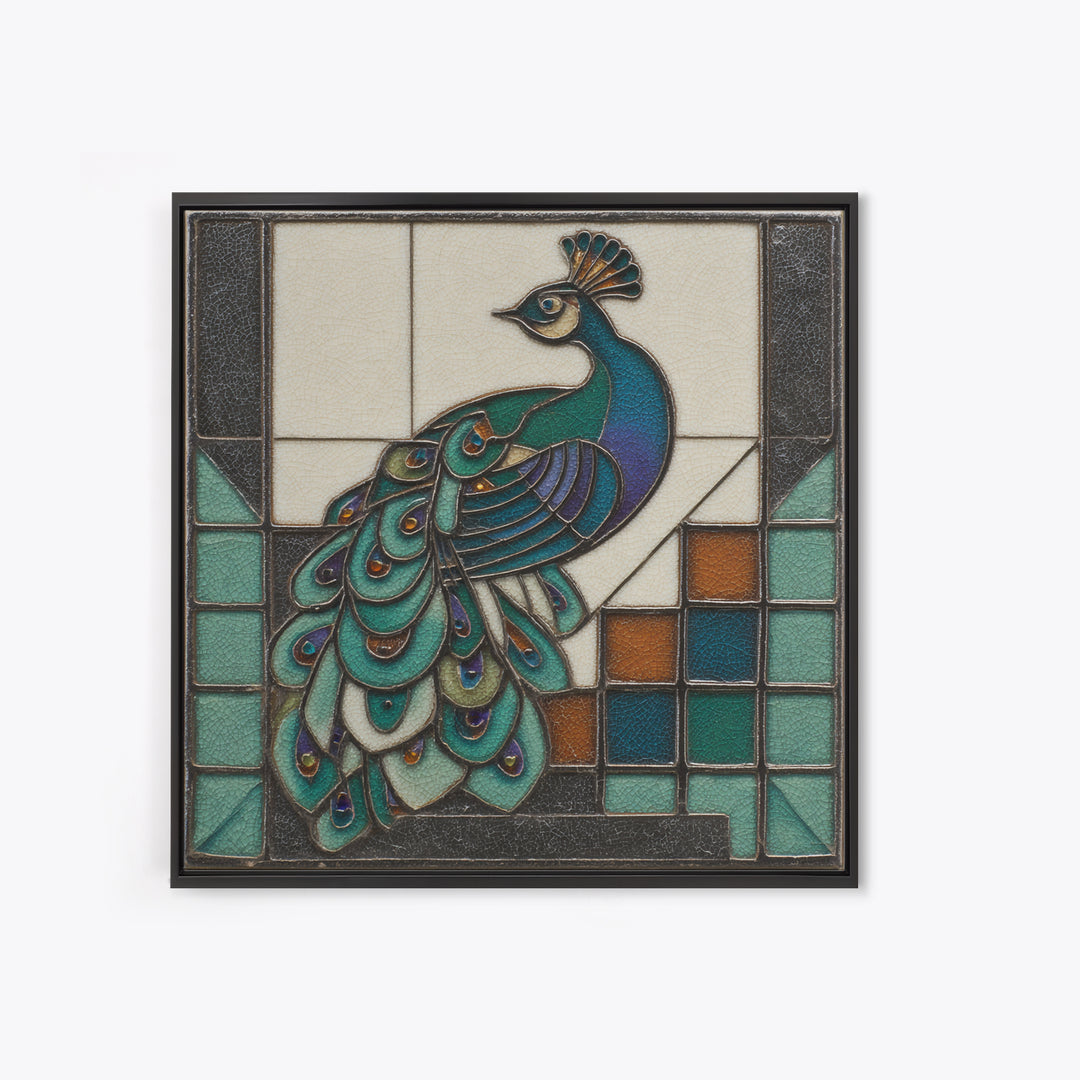 Sleek Peacock with Jeweled Feathers and Stepped Canvas Print, Art Deco Art, Blue Wallpaper, Living Room Decor, Glamour, ADA-1x1-51