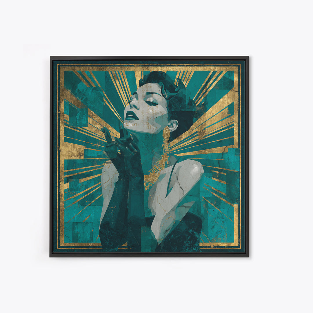 Moonlit Jazz Singer Framed by Gold Lines Canvas Print, Art Deco Art, Fine Art Print, Living Room Decor, Abstract Art, Glamour, ADA-1x1-95