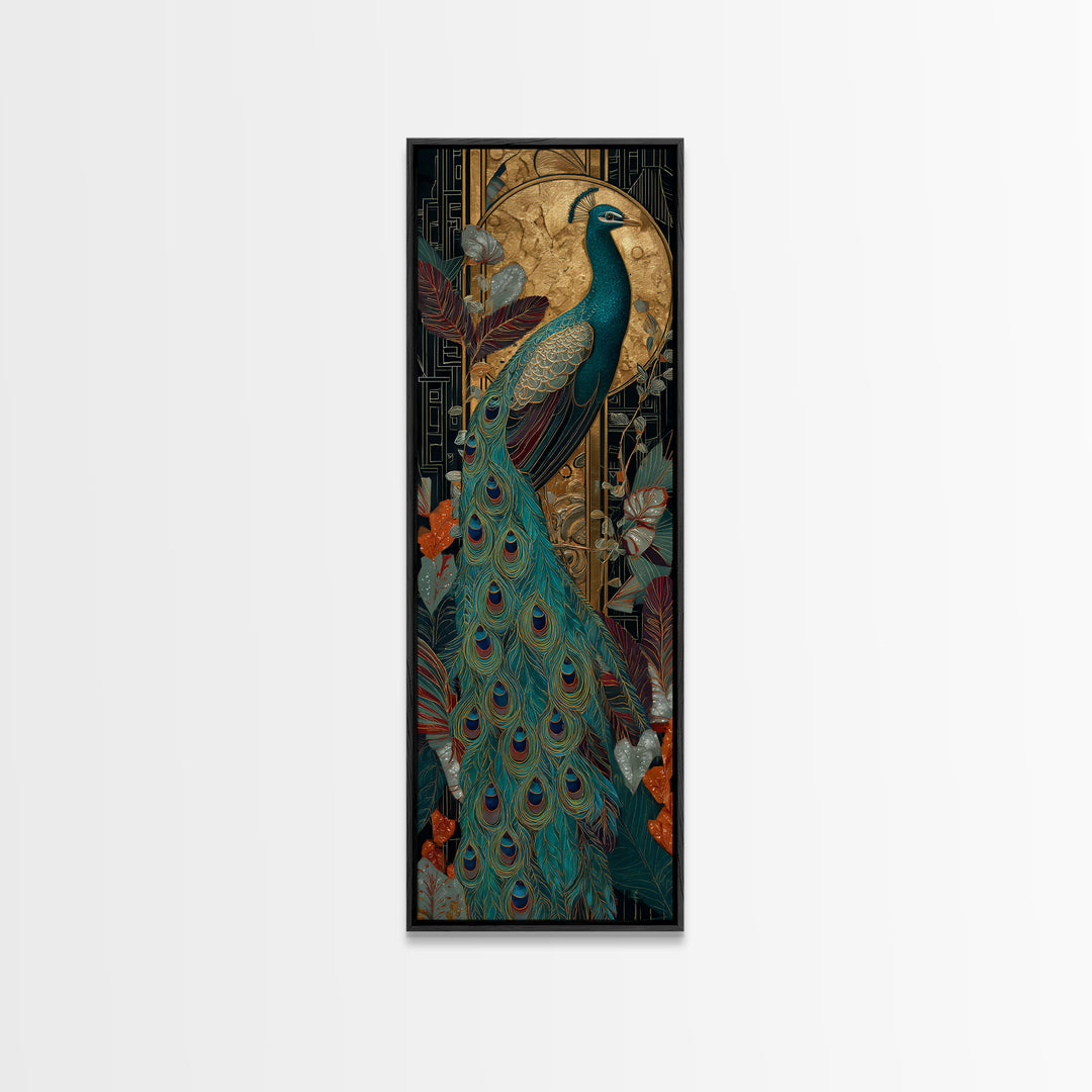Emerald Peacock Feather Pattern Framed Canvas Print, Art Deco Art, Art Prints, Living Room Decor, Glamour, Apartment Decor, ADA-1x3-36