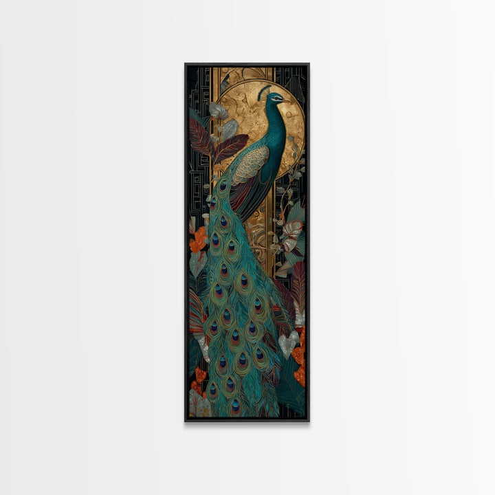Emerald Peacock Feather Pattern Framed Canvas Print, Art Deco Art, Art Prints, Living Room Decor, Glamour, Apartment Decor, ADA-1x3-36