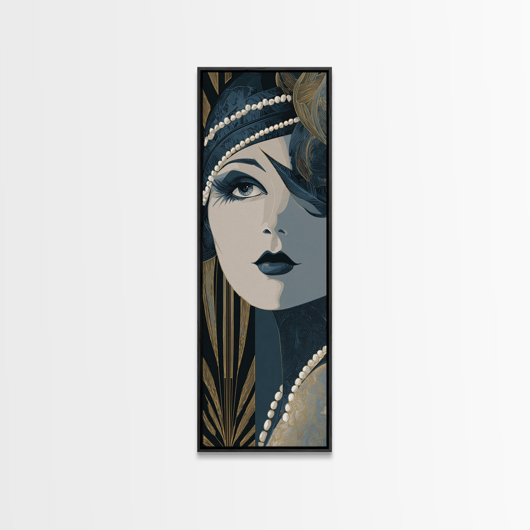 Flapper Portrait with Pearl Strands and Dramatic Canvas Print, Art Deco Art, Fine Art Print, Living Room Decor, Glamour, ADA-1x3-50
