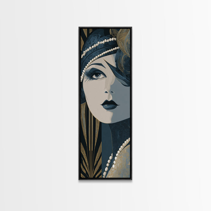 Flapper Portrait with Pearl Strands and Dramatic Canvas Print, Art Deco Art, Fine Art Print, Living Room Decor, Glamour, ADA-1x3-50