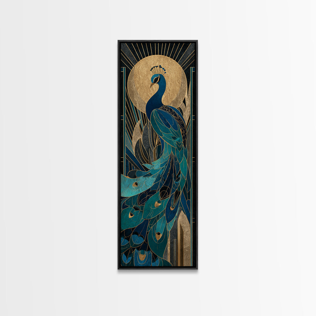 Sleek Peacock with Jeweled Feathers and Stepped Canvas Print, Art Deco Art, Blue Wallpaper, Living Room Decor, Abstract Art, ADA-1x3-63