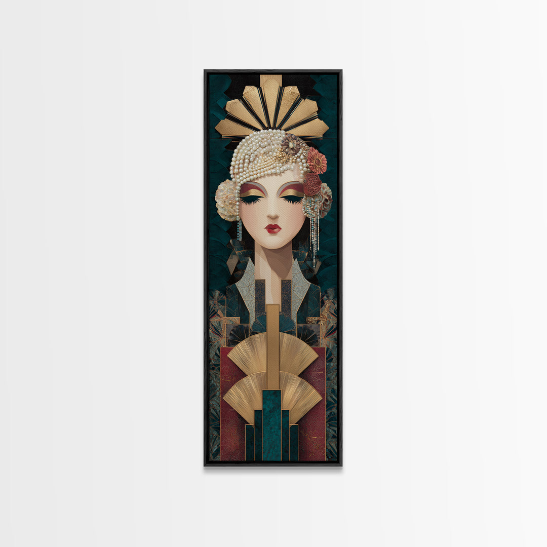 Flapper Portrait with Pearl Strands and Dramatic Canvas Print, Art Deco Art, Fine Art Print, Living Room Decor, Glamour, ADA-1x3-74