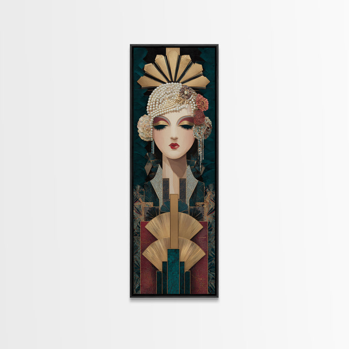 Flapper Portrait with Pearl Strands and Dramatic Canvas Print, Art Deco Art, Fine Art Print, Living Room Decor, Glamour, ADA-1x3-74