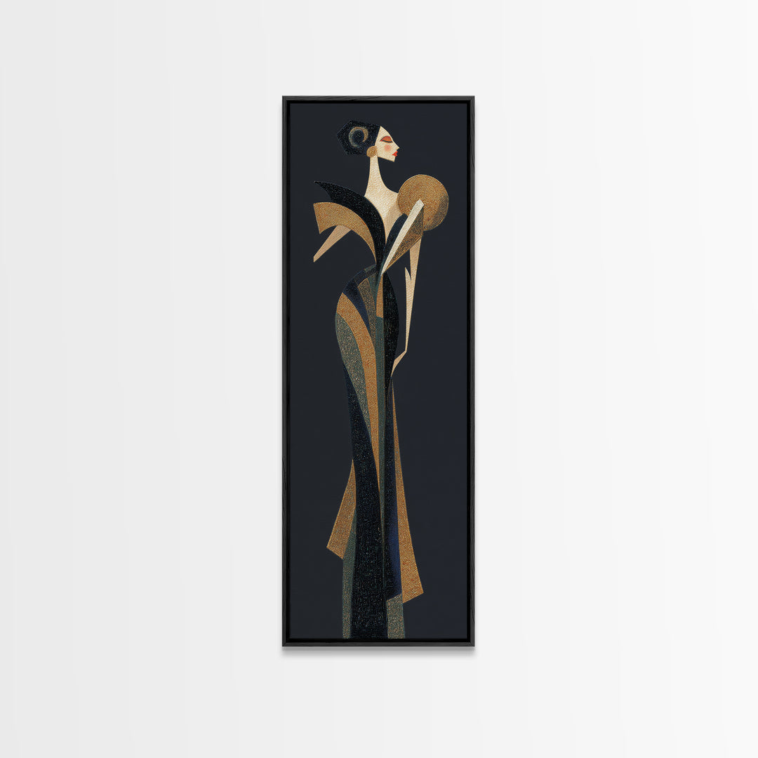 Deco Dancer in Beaded Dress and Angular Framed Canvas Print, Art Deco Art, Boho Decor, Living Room Decor, Oil Painting, Glamour, ADA-1x3-91