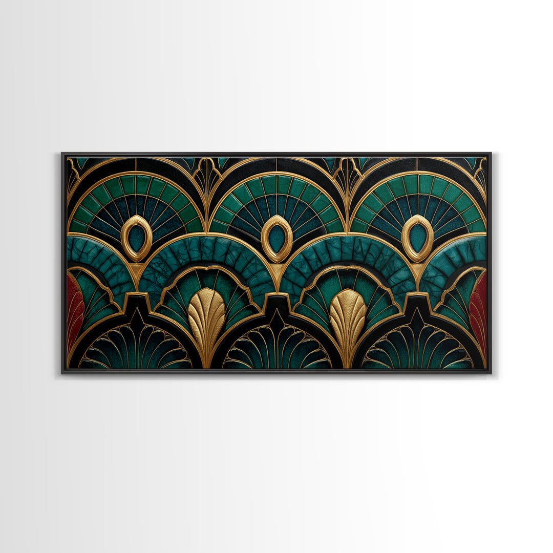 Emerald Peacock Feather Pattern Framed Canvas Print, Art Deco Art, Statement Artwork, Living Room Decor, Fine Art, Glamour, ADA-2x1-20