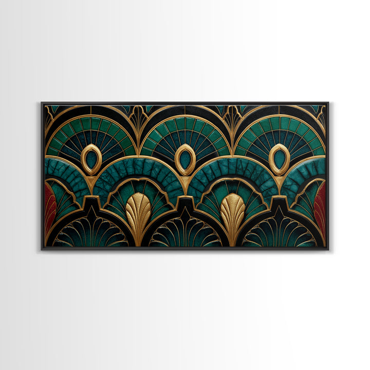 Emerald Peacock Feather Pattern Framed Canvas Print, Art Deco Art, Statement Artwork, Living Room Decor, Fine Art, Glamour, ADA-2x1-20