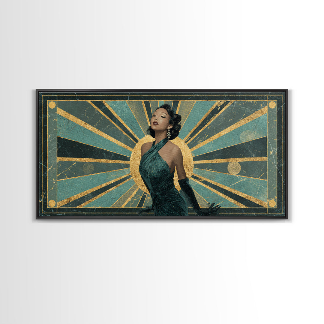 Moonlit Jazz Singer Framed by Gold Lines Framed Canvas Print, Art Deco Art, Digital Art, Living Room Decor, Fine Art, Glamour, ADA-2x1-43