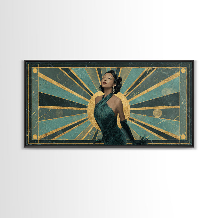 Moonlit Jazz Singer Framed by Gold Lines Framed Canvas Print, Art Deco Art, Digital Art, Living Room Decor, Fine Art, Glamour, ADA-2x1-43