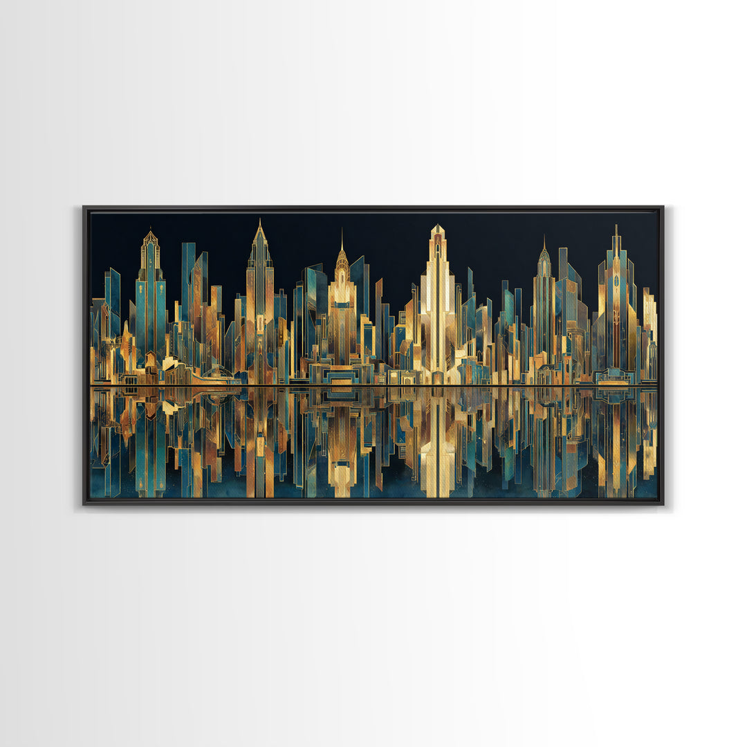 Stylized City Skyline Framed Canvas Print, Art Deco Art, Art, Living Room Decor, Fine Art, Glamour, Art Nouveau, Abstract Art, ADA-2x1-50
