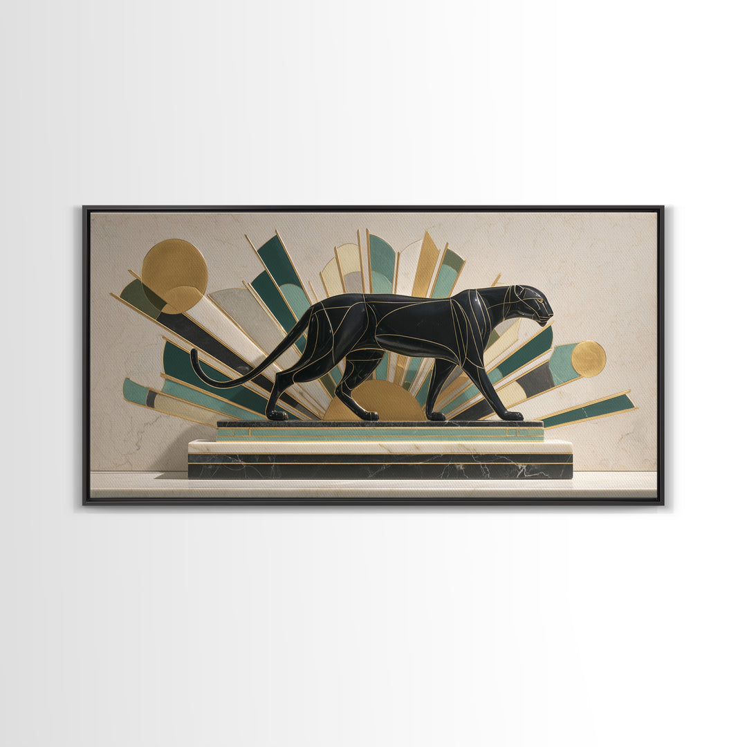 Black Panther Sculpture on a Marble Plinth Framed Canvas Print, Art Deco Art, Gallery Wall Art, Living Room Decor, Glamour, ADA-2x1-79