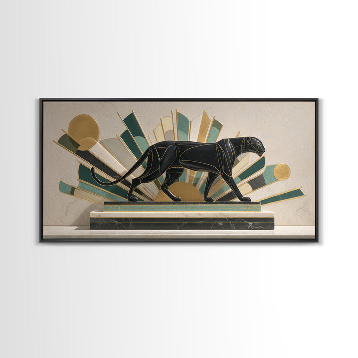 Black Panther Sculpture on a Marble Plinth Framed Canvas Print, Art Deco Art, Gallery Wall Art, Living Room Decor, Glamour, ADA-2x1-79