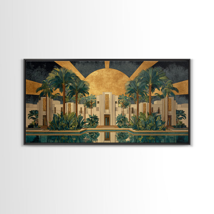 Tropical Hotel Facade Framed Canvas Print, Art Deco Art, Apartment Decor, Living Room Decor, Fine Art, Glamour, Gallery Decor, ADA-2x1-84