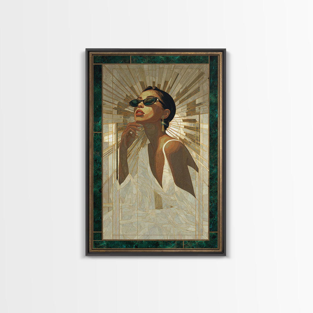 Moonlit Jazz Singer Framed by Gold Lines Canvas Print, Art Deco Art, Boho, Living Room Decor, Abstract Art, Glamour, ADA-2x3-79