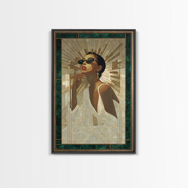 Moonlit Jazz Singer Framed by Gold Lines Canvas Print, Art Deco Art, Boho, Living Room Decor, Abstract Art, Glamour, ADA-2x3-79