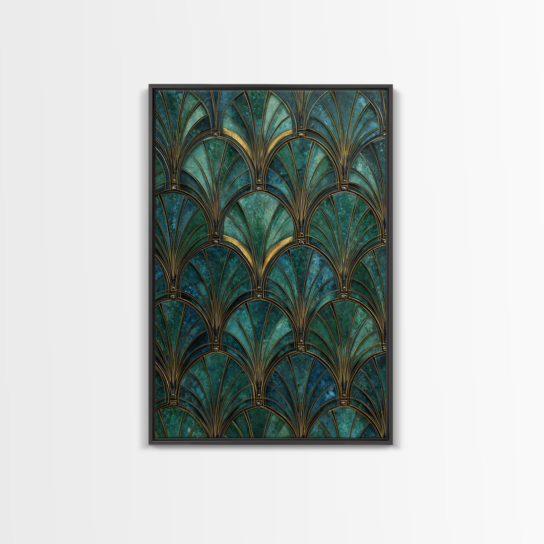 Emerald Peacock Feather Pattern Framed Canvas Print, Art Deco Art, Blue Wallpaper, Living Room Decor, Oil Painting, Glamour, ADA-2x3-8