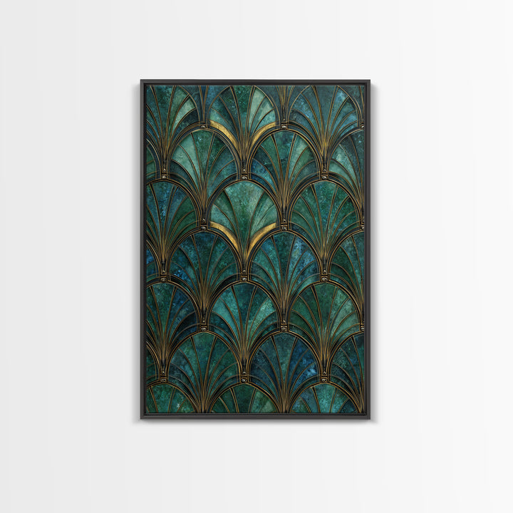 Emerald Peacock Feather Pattern Framed Canvas Print, Art Deco Art, Blue Wallpaper, Living Room Decor, Oil Painting, Glamour, ADA-2x3-8