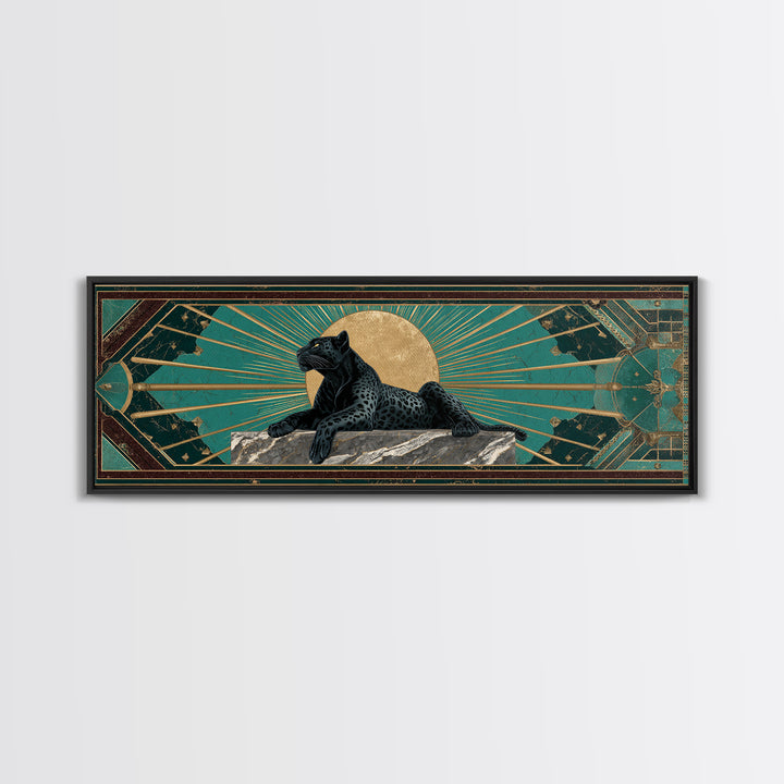 Black Panther Sculpture on a Marble Plinth Framed Canvas Print, Art Deco Art, Textured Painting, Living Room Decor, Glamour, ADA-3x1-27