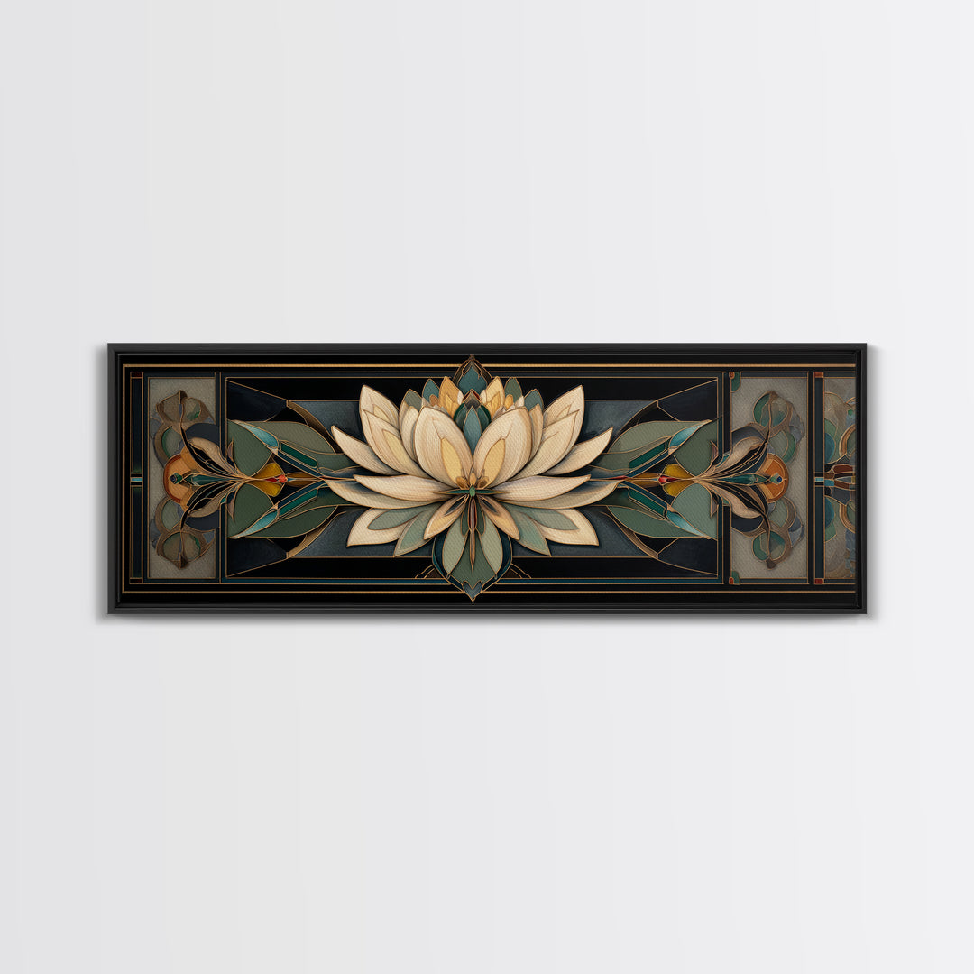 Geometric Lotus Flower Framed Canvas Print, Art Deco Art, Blue Wallpaper, Living Room Decor, Watercolor Art, Glamour, ADA-3x1-28