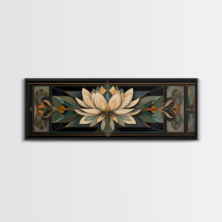 Geometric Lotus Flower Framed Canvas Print, Art Deco Art, Blue Wallpaper, Living Room Decor, Watercolor Art, Glamour, ADA-3x1-28