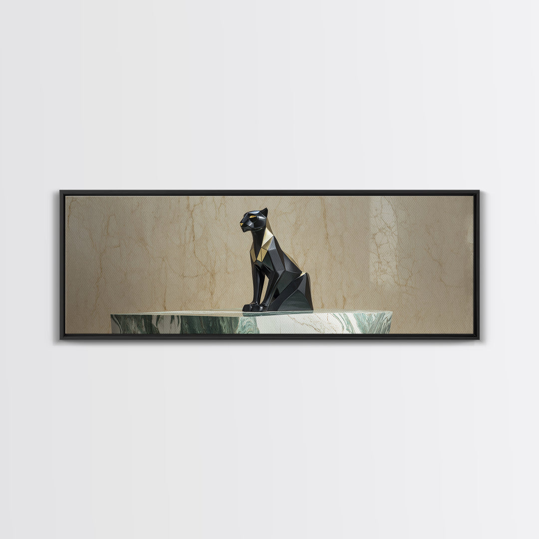 Black Panther Sculpture on a Marble Plinth Framed Canvas Print, Art Deco Art, Digital Art, Living Room Decor, Fine Art, Glamour, ADA-3x1-51