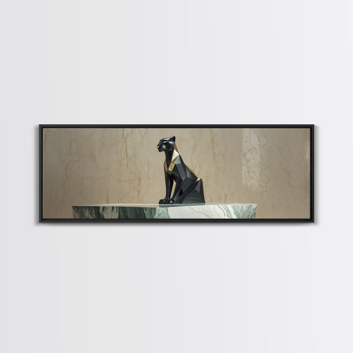 Black Panther Sculpture on a Marble Plinth Framed Canvas Print, Art Deco Art, Digital Art, Living Room Decor, Fine Art, Glamour, ADA-3x1-51