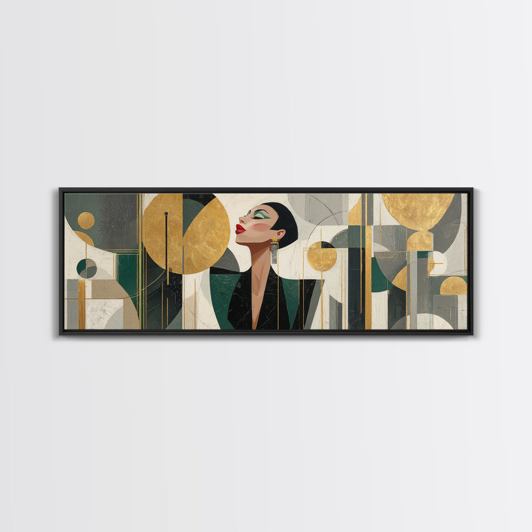 Moonlit Jazz Singer Framed by Gold Lines Framed Canvas Print, Art Deco Art, Living Room Decor, Abstract Art, Glamour, ADA-3x1-63