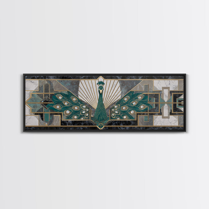 Sleek Peacock with Jeweled Feathers and Stepped Canvas Print, Art Deco Art, Mid Century Modern, Living Room Decor, Glamour, ADA-3x1-67