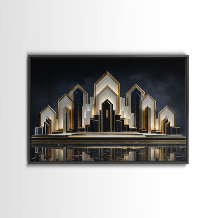 Stylized City Skyline Framed Canvas Print, Art Deco Art, Digital Print, Living Room Decor, Fine Art, Glamour, Downloadable Art, ADA-3x2-10