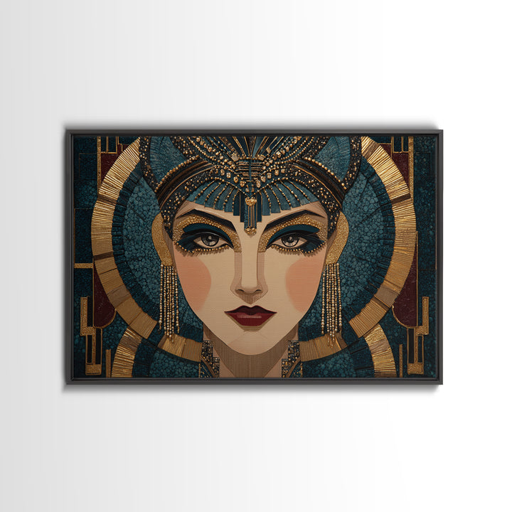 Flapper Portrait with Pearl Strands and Dramatic Framed Canvas Print, Art Deco Art, Boho, Living Room Decor, Fine Art, Glamour, ADA-3x2-18