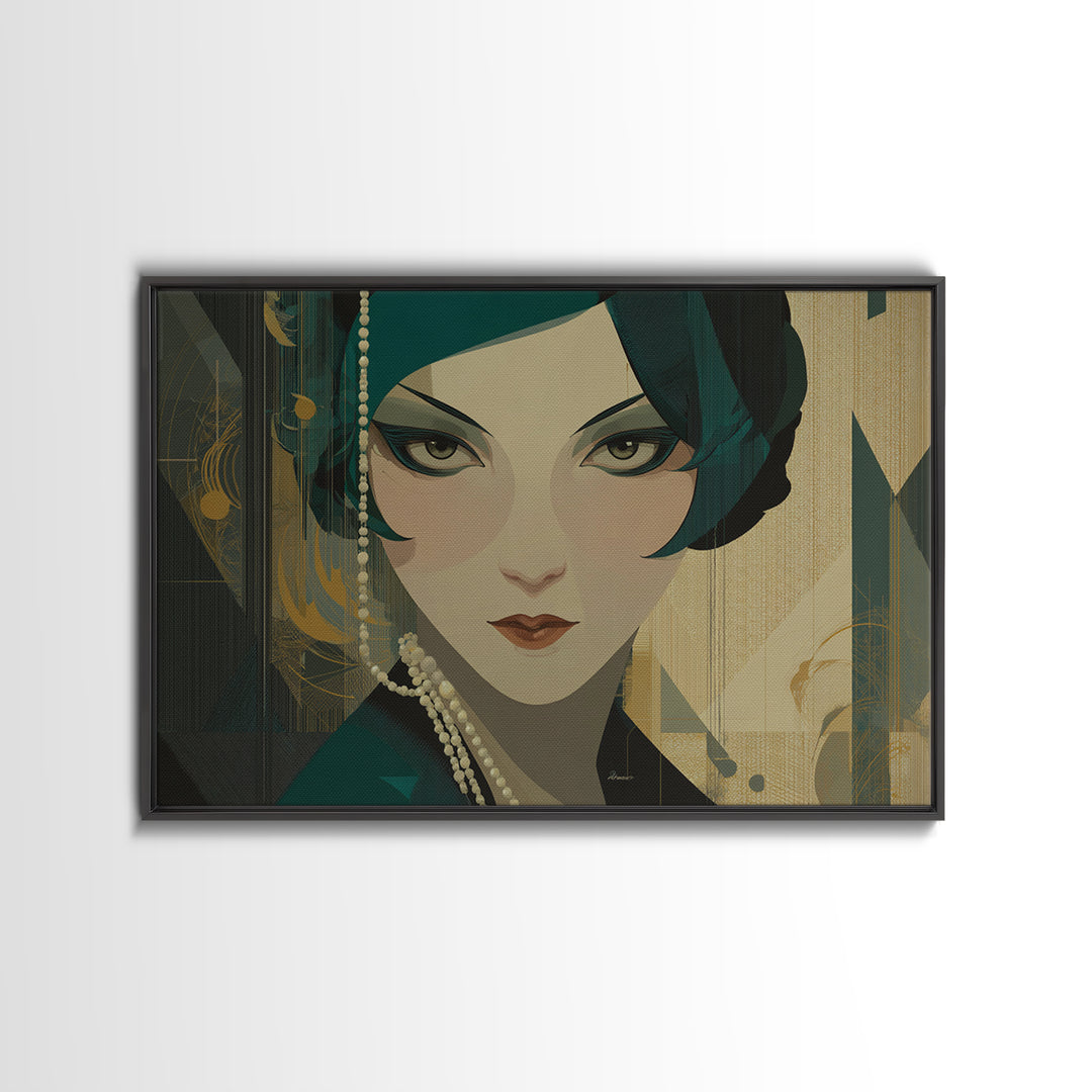 Flapper Portrait with Pearl Strands and Dramatic Canvas Print, Art Deco Art, Printable Art, Living Room Decor, Oil Painting, ADA-3x2-42